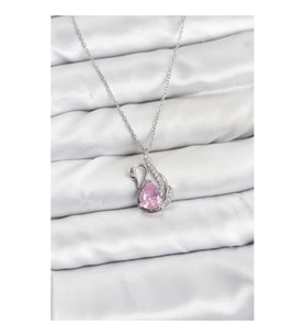 Mey İthalat® 316L Çelik Zincir Gümüş Renk Pembe Kuğu Model Zirkon Taşlı Kadın Kolye