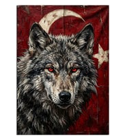 Türk Bayraklı Kırmızı Gözlü Kurt Dekoratif Kanvas - Mdf Ahşap Tablo