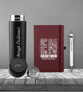 Öğretmeler Günü En Tasarım Kişiye Özel Defter Kalem Dereceli Termos Seti (Bordo)