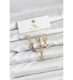 Pirinç Gold Renk Zirkon Taşlı Ay ve Yıldız Model YSX Trio Küpe Seti TJ-BKP11574