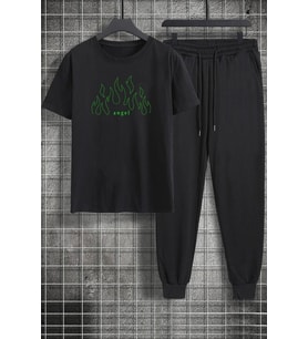 Unisex Green Angel Baskılı 2'li Eşofman Takımı (Siyah)