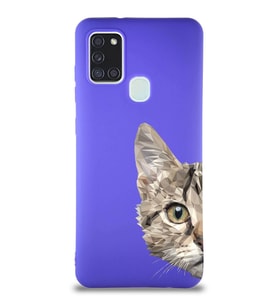 Samsung Galaxy A21S Soft Premier Kapak Catface Tasarımlı Silikon Kılıf - Mor (Şeffaf)