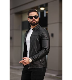 Erkek Premium Kolları ve Cepleri Fermuar Detaylı Yakası Çıtçıtlı Mevsimlik Deri Ceket (Siyah Deri)