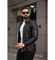 Erkek Premium Kolları ve Cepleri Fermuar Detaylı Yakası Çıtçıtlı Mevsimlik Deri Ceket (Siyah Deri)