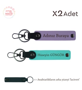 Babaya 14 Şubat Hediyesi, İsim & Soyisim Yazılı 2’li Anahtarlık Seti, Mor Menekşe-Turkuaz-Lacivert