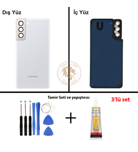 Samsung S21 Plus Gümüş Arka Pil Kapağı Batarya Kapağı Lazer Kesim + Yapıştırıcı ve Vida Seti