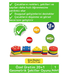 Premium Zeka Geliştirici Eğitici Öğretici Kişisel Gelişim Çocuk Ahşap 20+1 Geometrik Şekiller Oyunu
