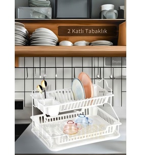 2 Katlı Bulaşıklık Paslanmaz Tezgah Üstü Tabaklık BPA FREE Bulaşık Sepeti Kurutmalık Beyaz