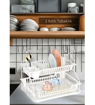 2 Katlı Bulaşıklık Paslanmaz Tezgah Üstü Tabaklık BPA FREE Bulaşık Sepeti Kurutmalık Beyaz