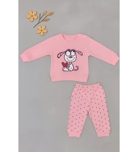 Bebek 2’li Takım – Sevimli Köpek Baskılı Sweatshirt ve Noktalı Pantolon (Pembe)