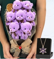 Büyük Boy 7'li Tasarım Peluş Ayıcık Buketi ve Gerçek Ametist Taşlı Lotus Kolye (Model 3)