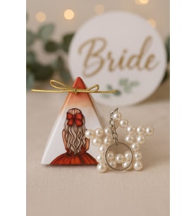 10 Adet Kırmızı Elbiseli Piramit Kutu ve İnci Anahtarlık - Kına Hediyesi - Nikah Hediye Bride Hediye