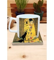 Kediler ve Sanat/Gustav Klimt The Kiss  Set 10 - Yelken Fincan Kupa-Taş Bardak Altlığı 4