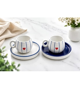 2 Kişilik Seramik 90 ml Türk Kahvesi Fincan Takımı Kalpli