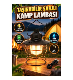 USB Şarjlı Retro LED Kamp Feneri – 4 Modlu, IPX4 Su Geçirmez, 4400 mAh Taşınabilir Aydınlatma