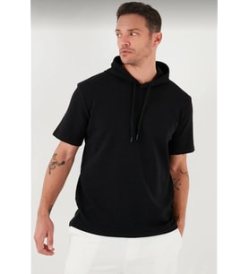 Erkek Kapüşonlu Tişört Kısa Kol Düz Oversize T-shirt - Siyah