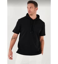 Erkek Kapüşonlu Tişört Kısa Kol Düz Oversize T-shirt - Siyah