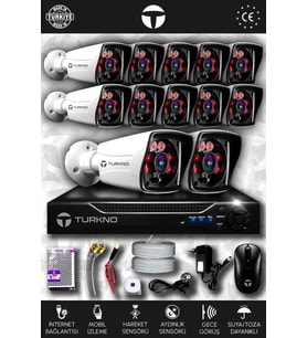 TURKNO 12 Kameralı Karia 12 Dış Kamera Set HDD'siz Full HD Gece Görüşlü Güvenlik Kamerası Sistemi