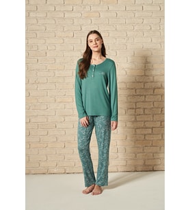 Kadın Düğme Detaylı Alt Kısmı Çiçek Desenli Uzun Kollu Pijama Takımı (Renksiz)
