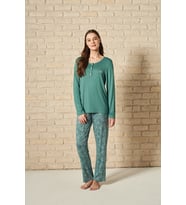 Kadın Düğme Detaylı Alt Kısmı Çiçek Desenli Uzun Kollu Pijama Takımı (Renksiz)