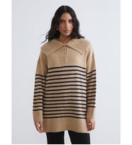 LCW Modest Bej Polo Yaka Çizgili Kadın Triko Kazak