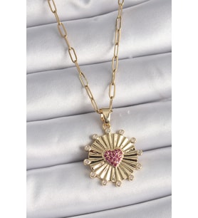 316L Çelik Gold Renk Pembe Zirkon Taşlı Kalp İşleme Madalyon Model Kadın Kolye TJ-BKO9534