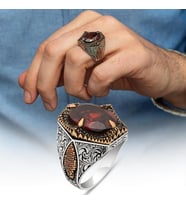 Kırmızı Taşlı Oval 925 Gümüş Erkek Yüzük