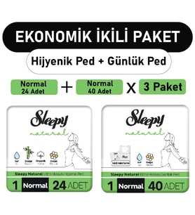 Sleepy Natural Ultra Ped Normal 24 Adet + Uzun Günlük Ped 40 Adet x3 Paket