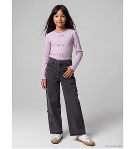 LCW Kids Siyah Wideleg Nakışlı Kız Çocuk Jean Pantolon