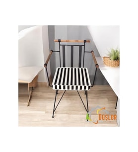 40x40 Siyah Beyaz Çizgili Su ve Leke İtici Fermuarlı Bağcıklı Beyaz Biyeli Sandalye Minderi 5 cm