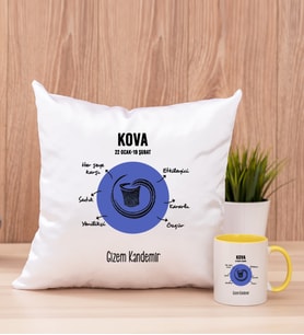 Kişiye Özel Kova Burcuna Hediye Kare Yastık ve Sarı Kupa