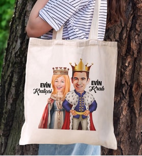 BK Gift Kişiye Özel Kral Kraliçe Karikatürlü Kanvas Bez Plaj Çantası Baskılı Omuz Çantası-1, Alışveriş Çantası, Arkadaşa Hediye