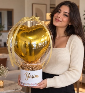 Kişiye Özel İsimli Gold Kalp Balon Kutusu – Led Işıklı Renkli Taş Süslemeli Şeffaf Balon Tasarımı- Sevgiliye Arkadaşa Hediye