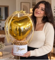 Kişiye Özel İsimli Gold Kalp Balon Kutusu – Led Işıklı Renkli Taş Süslemeli Şeffaf Balon Tasarımı- Sevgiliye Arkadaşa Hediye