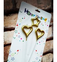 VIP GOLD HEART CANDLE 2 ADET METALİK GOLD KALPLİ PASTA MUMU 1 ADET YILDIZ MUM KALPLİ DOĞUM GÜNÜ MUMU