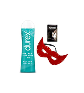Durex Play Ekstra Hisset Bay Bayan Uyarıcılı Jel 50 ml + Kırmızı Deri Göz Maskesi + Hediye