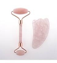 Pembe Kuvars Taşı Masaj Takımı - Roller ve Gua Sha Kaz Ayaklı Set (Yeşil)