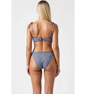 Kadın Bikini Takımı Balconette Kaplı Normal Bel Dokulu Fırfırlı Ekose Desenli Slip Alt Yazlık Plaj