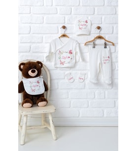 Pia Baby Premium %100 Pamuk 5’li Zıbın Set  İsme Özel Hastane Çıkışı Yenidoğan Bebek Hediyesi 5070-08 (Ekru)