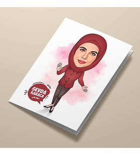 Kişiye Özel Kahverengi Başörtülü Kadın Karikatürlü Tebrik Kartı