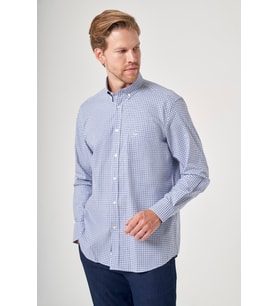 Beyaz-Lacivert Düğmeli Yaka Uzun Kol Cepli Kareli Desen Comfort Fit %100 Pamuk Gömlek 1004260218