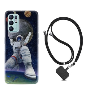Oppo Reno 6 Kılıf Silikon Boyun Askılı İpli Desenli Silikon Astronot ve Dünya 1759