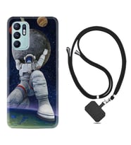 Oppo Reno 6 Kılıf Silikon Boyun Askılı İpli Desenli Silikon Astronot ve Dünya 1759
