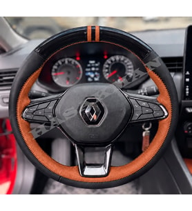 Renault Clio 5 Dikme Direksiyon Kılıfı Parlak Siyah Taba Detaylı Taba Çift Yüzük ve Dikiş 2019-2024