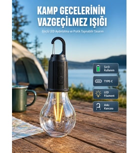 Şarjlı Aydınlatma Ampul Tasarımlı Ambians Işık Askılı Kamp Lambası