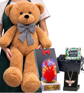 Büyük Boy Kahve Peluş Ayıcık, Kişiye Özel Renkli Işıklı Fanus ve Anka Kuşu Kolye Seti (Model 2)