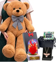Büyük Boy Kahve Peluş Ayıcık, Kişiye Özel Renkli Işıklı Fanus ve Anka Kuşu Kolye Seti (Model 2)