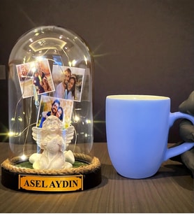 Size Özel Tasarım Led Işıklı Fanus ve Turkuaz Kupa Bardak Hediye Seti (Model 2)