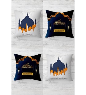 Eid Mübarak Ramazan Cami Desenli Gizli Fermuarlı Kırlent Kılıfı Koltuk Yastık Kılıfı Takım(4adet) (Lacivert)