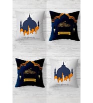 Eid Mübarak Ramazan Cami Desenli Gizli Fermuarlı Kırlent Kılıfı Koltuk Yastık Kılıfı Takım(4adet) (Lacivert)